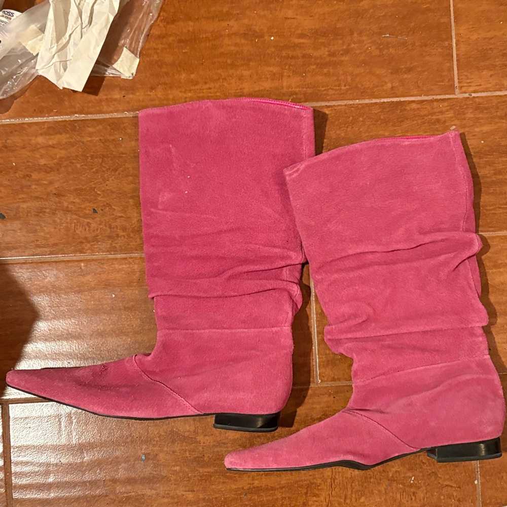 Elegant Pink Calf Length Suede Boots